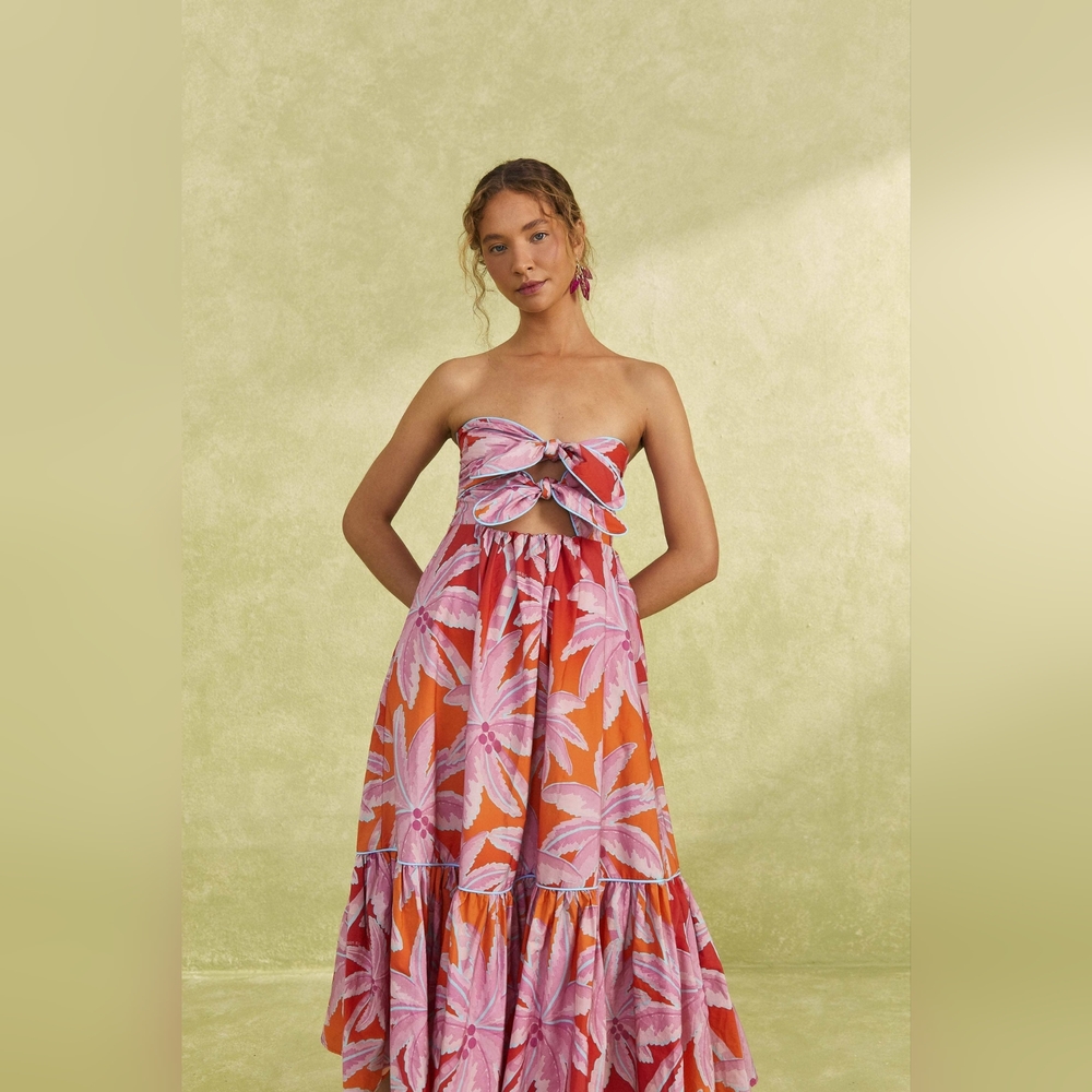 Farm Rio Coconut Tree Two Tie Front Red Ombre Midi Dress